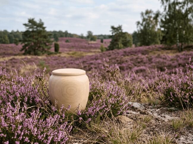 Firefly_Gemini Flash_Ontwerp een urn in het gras van hout ook in deze sfeer haal tekst weg en maka hjet li 872147